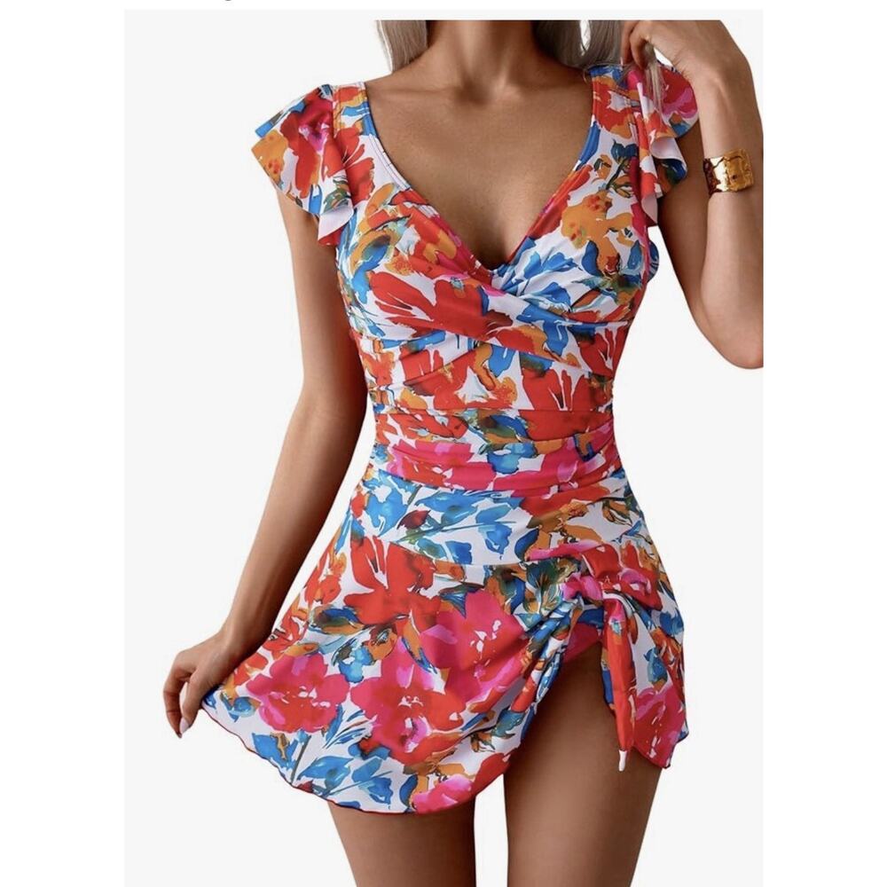 Aidonger One Piece Swimdress Tummy Control Ruffle Swimsuit Floral XS